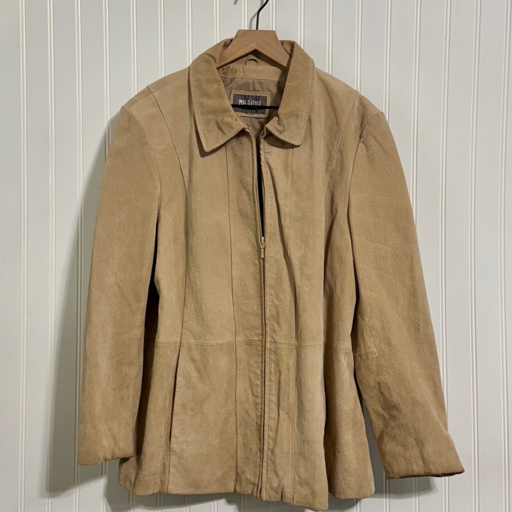 Wilsons Leather Womens Suede Jacket XL Tan‎ Beige Zip Up Minimalist Boho 90s VTG - Picture 2 of 11